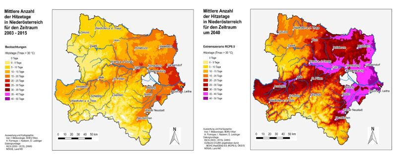 Mittlere Anzahl der Hitzetage in Niederösterreich.